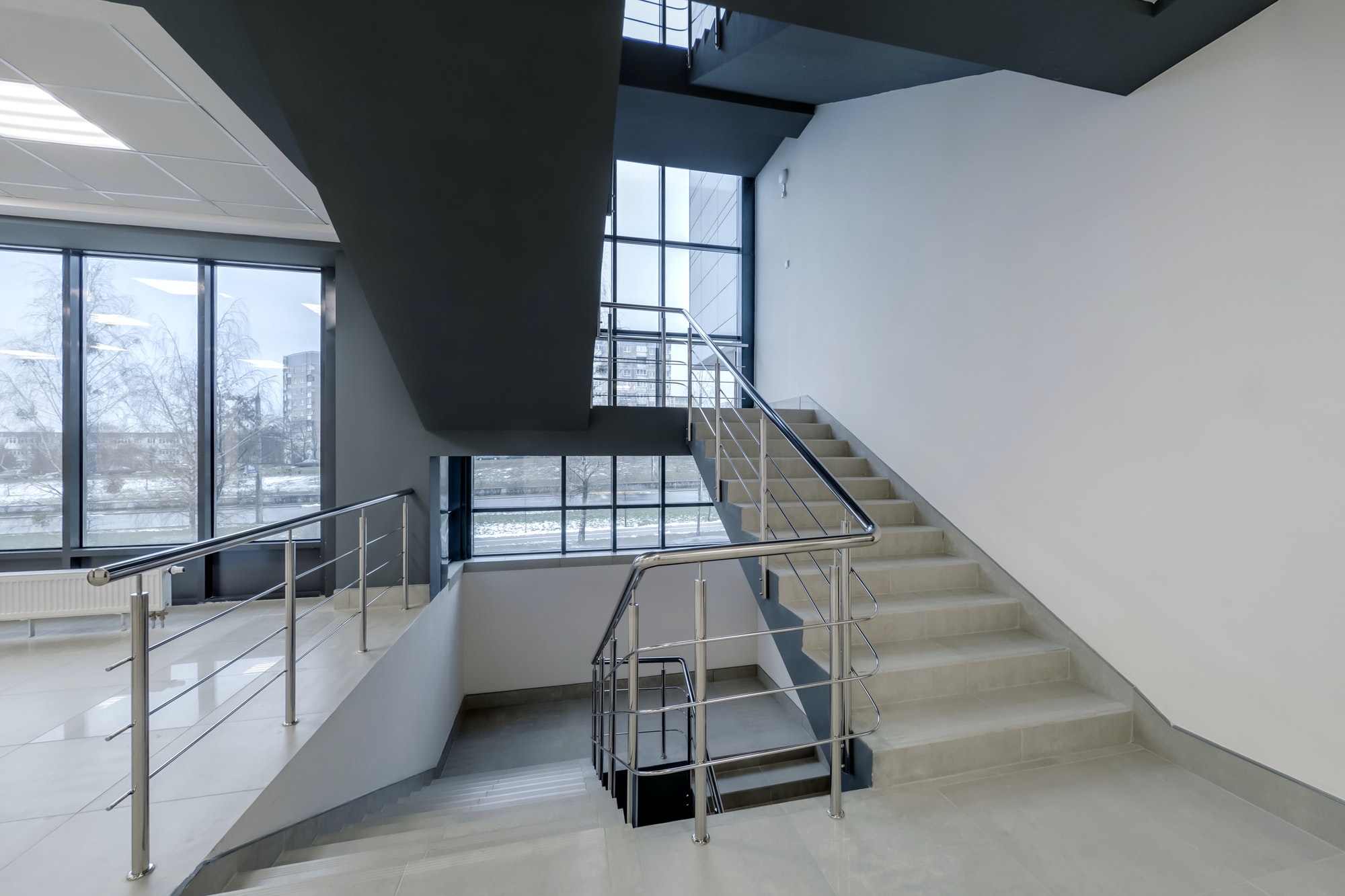 stairs emergency and evacuation exit stair in up ladder in a new office building